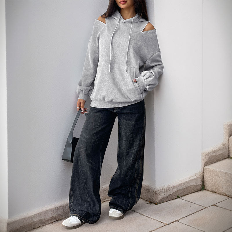 Sudadera con Capucha y Cordón | Poliéster Gris Premium