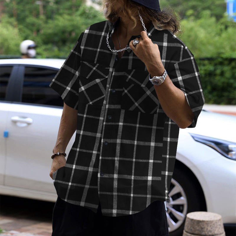 Camisa Manga Corta de Cuadros Patchwork — Casual con Carácter