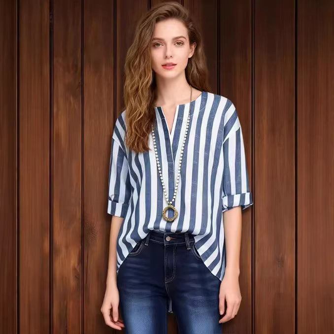 Blusa Vintage de Rayas | Manga 3/4 Efecto 3D