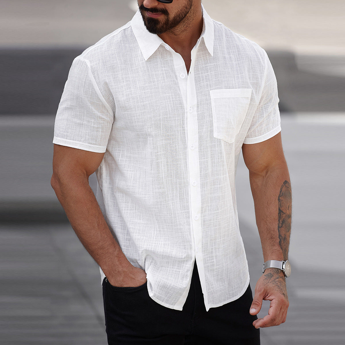 Camisa de Algodón Puro Manga Corta | Bolsillo Delantero